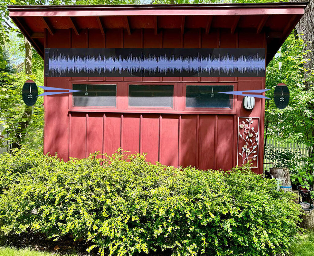 Image of red shed in green garden with graphic of an audio waveform and pointers to two microphones superimposed, for Locustream Soundmap with calling all ear and Magicicada Fest