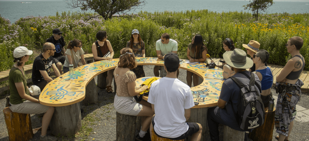 15 people mostly seated on tree stumps around a table decorated with animal figures in the sun with lush green plants behind them, including trees and horizon line of Lake Michigan.